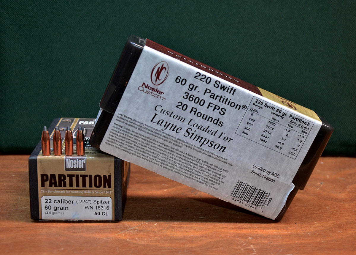 Despite being 89 years young and lacking what some shooters consider to be a modern shape, the 220 Swift is still popular enough for Nosler, Federal, Hornady, HSM and Remington to continue loading with a variety of bullet weights and styles. Shown here is a load used by Layne over the years to take a few deer.